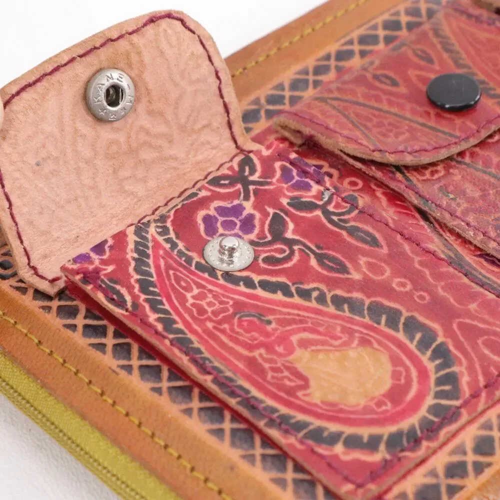 Bohemian Style Wallet Women Red Paisley Leather Tri Pocket Clutch Zip Cards